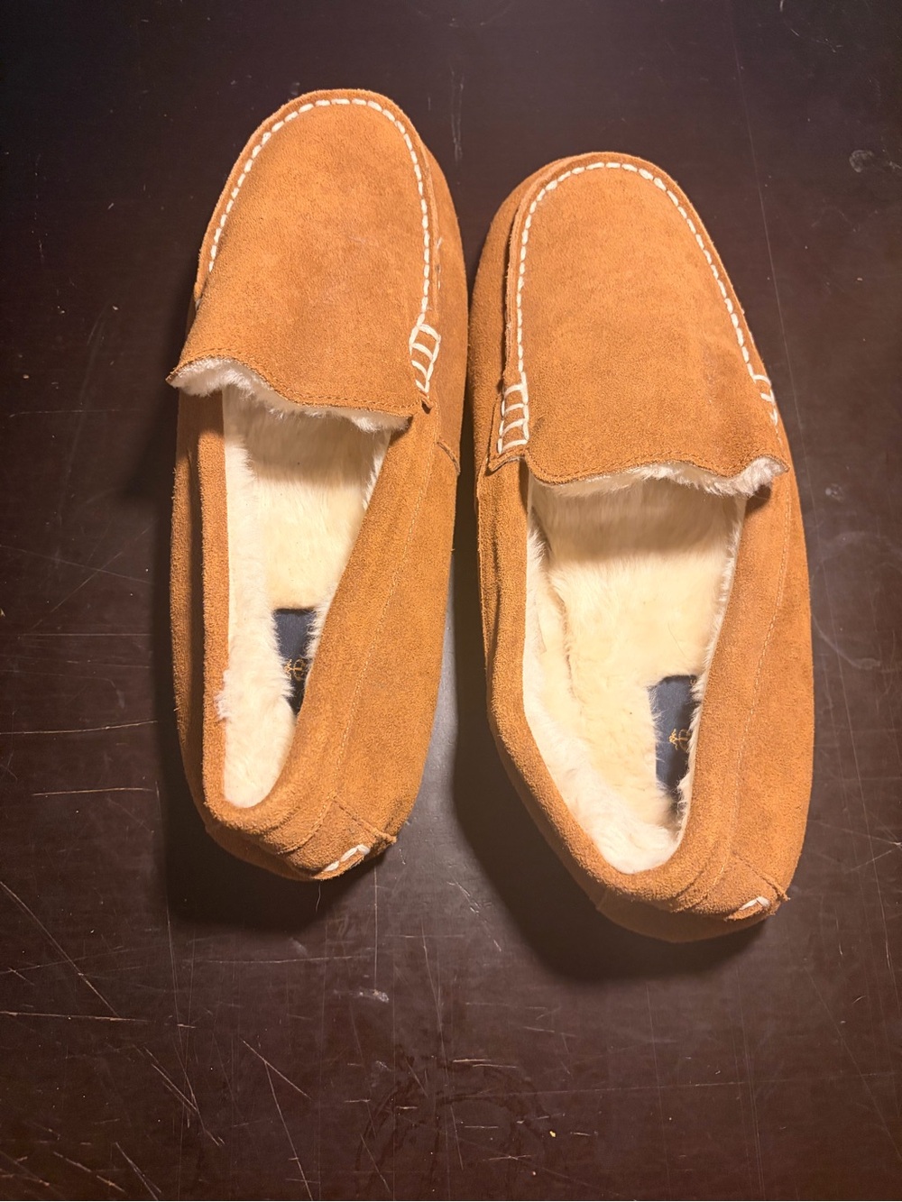 Brooks Brothers Men's Suede Slip-On Loafers in Tan with Faux Fur Lining